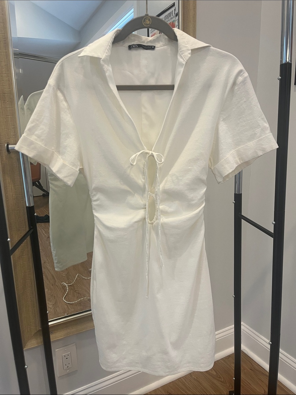 Zara Linen Blend Tied Front Short Sleeve Mini Dress
